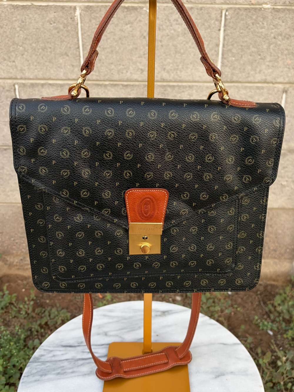 Vintage Pollini Monogram Briefcase Satchel Crossbody Bag